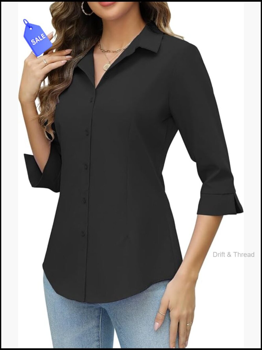 Women's Button Down Shirt 3/4 Sleeve V Neck Slim Fit Work Blouse